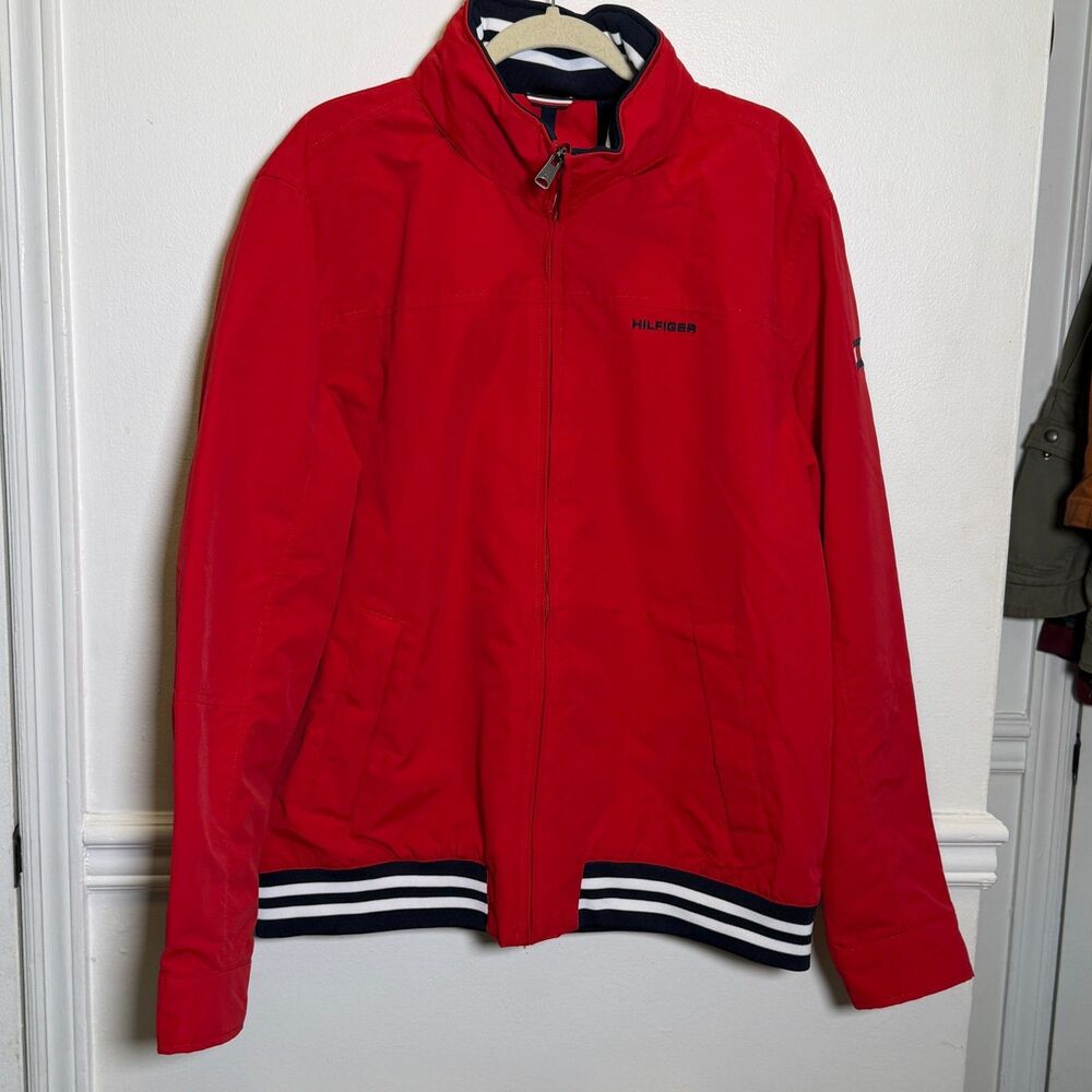Tommy Hilfiger Mens XL Red Hooded Windbreaker Jacket Full Zip Lightweight